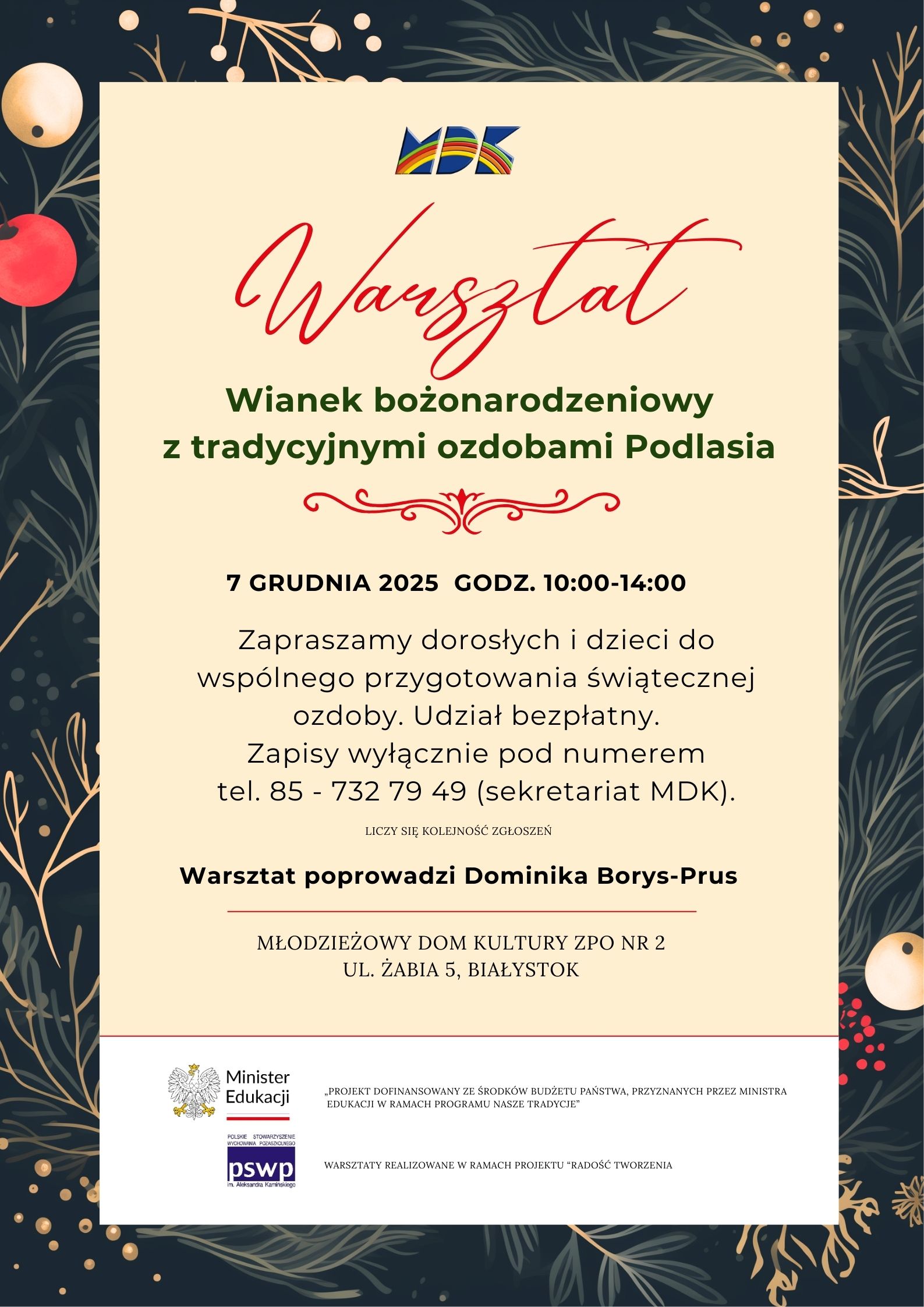 Plakat na warsztaty wianek bożonarodzeniowy Dominiaka Borys Prus